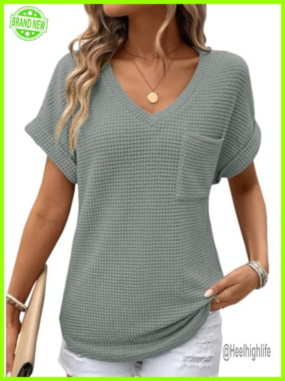 Waffle Knit Short Sleeve V Neck Tunic Top Loose Fit Basic Tee